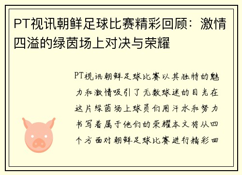 PT视讯朝鲜足球比赛精彩回顾：激情四溢的绿茵场上对决与荣耀